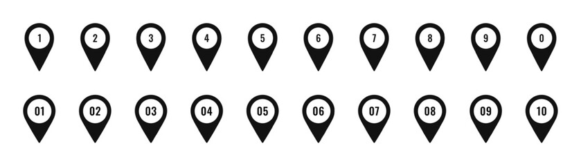 Map pins with numbers vector illustration. Simple pointers icons isolated. location sign symbols numbered from 1 2 3 to 10 for web designs, infographics, geographic and transport and technology cards