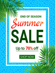 Summer sale banner. seasonal promotion advertising. vector poster. Tropic sellout design. Floral background with exotic tropical flowers, leaves. End of a season discount for shop, retail, with text.