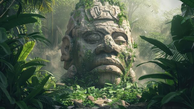 ancient olmec head statue hidden in a lush jungle concept illustration