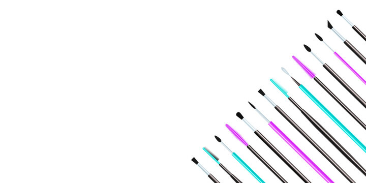 Colorful cosmetics brushes set. Makeup tools vector illustration. Beauty and fashion card for make-up designs. lashes extensions accessories for visage salon, catalog. isolated on a white background.