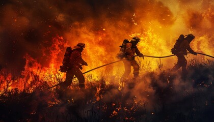 Brave firefighters battle a raging wildfire, amid intense flames and smoke - obrazy, fototapety, plakaty