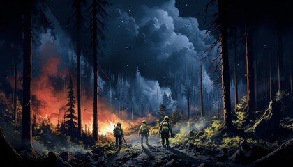 Firefighters walking towards a forest fire at night under a starry sky - obrazy, fototapety, plakaty