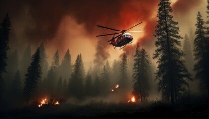Helicopter battling wildfire in a dense forest with smoke and flames - obrazy, fototapety, plakaty