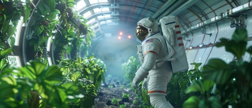 An astronaut explores a foreign planet with plants growing in a hightech biodome, illustrating extraterrestrial agriculture