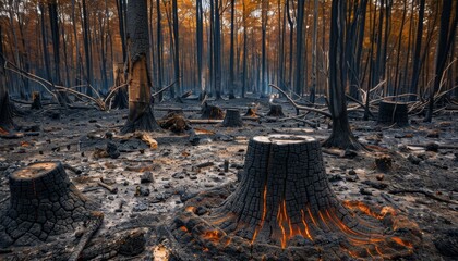Charred forest remains with glowing tree stump after a wildfire - obrazy, fototapety, plakaty