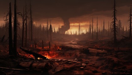 Apocalyptic landscape showing burnt trees, fire remains, and a dark sky at dusk - obrazy, fototapety, plakaty