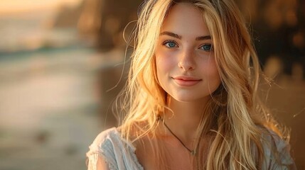 Close-Up Portrait of Young Woman with Blue Eyes and Blonde Hair at Sunset
 - obrazy, fototapety, plakaty