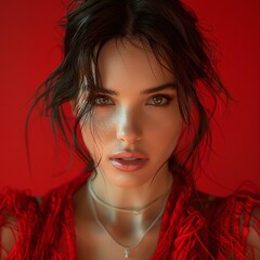 Intense Portrait of a Young Woman with Dark Hair Against Red Background
 - obrazy, fototapety, plakaty