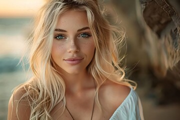 Close-Up Portrait of a Young Blonde Woman with Freckles at Sunset Beach
 - obrazy, fototapety, plakaty