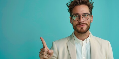 Confident Young Man in Glasses Pointing with Light Blue Background
 - obrazy, fototapety, plakaty