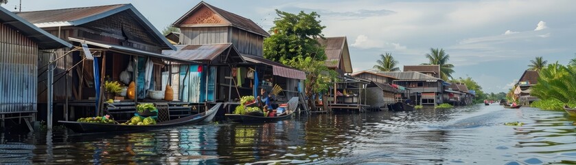 Obraz premium Autonomous floating markets navigate rivers, bringing fresh produce directly to waterfront homes