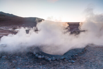 Steaming geysers in Bolivia near Uyuni and Laguna Colorado - Sunset