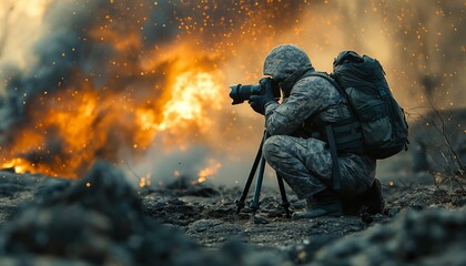 Military photographer shooting in explosive scene