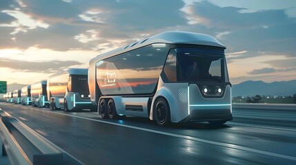 Fototapeta na wymiar Concept design of a futuristic EV electric vans or trucks on the highway for logistics and future energy solutions concepts