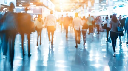 blurred silhouettes of business people walking at crowded trade fair busy conference hall background