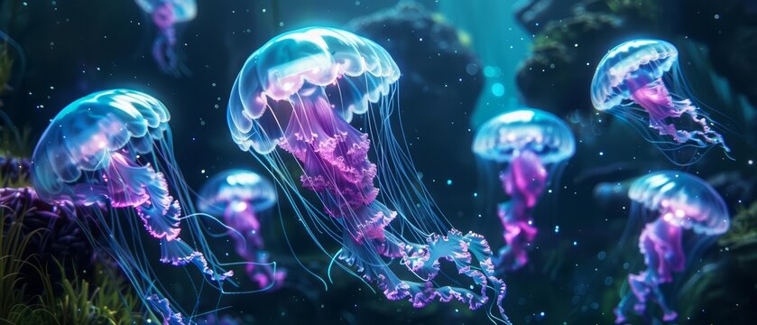 Neon jellyfish robots float in an ocean simulation, merging marine biology with robotic innovation