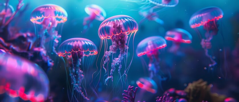 Neon jellyfish robots float in an ocean simulation, merging marine biology with robotic innovation
