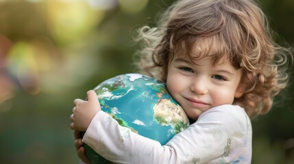 Fototapeta premium Inspiring Image of a Young Child Embracing a Model of Planet Earth, Symbolizing the Importance of Protecting Our Environment