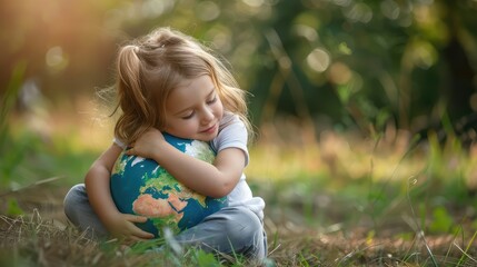 Inspiring Image of a Young Child Embracing a Model of Planet Earth, Symbolizing the Importance of Protecting Our Environment