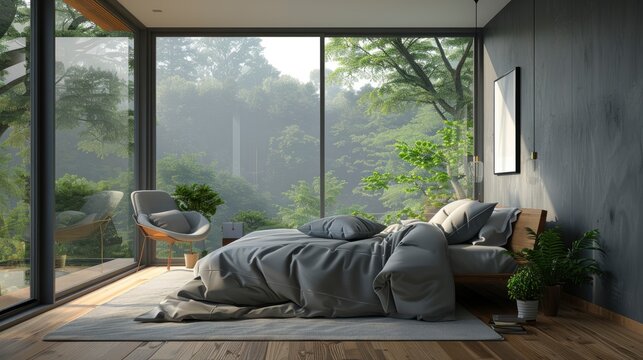 Explore The Modern Loft Bedroom With A Nature View, Inviting You To Unwind And Reconnect With The Natural World From The Comfort Of Your Own Home