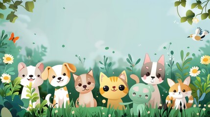 Fototapeta premium National Pet Day Theme: Adorable Dogs and Cats Amidst the Splendor of Nature