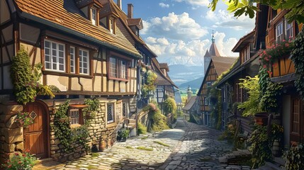 Fototapeta premium charming medieval village illustration with halftimbered houses and cobblestone streets digital painting