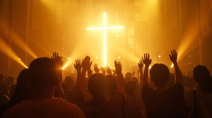 christian worshipers raising hands in prayer before illuminated cross spiritual moment