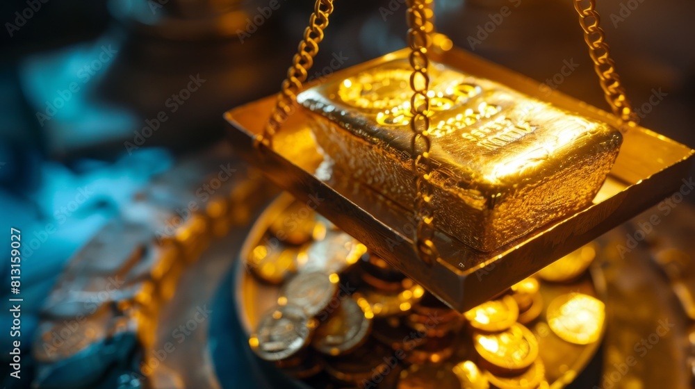 Poster a close-up shot of a gold bullion being weighed on a precision scale, emphasizing accuracy in gold t
