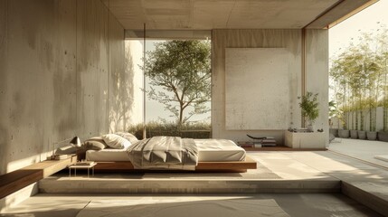 Explore The Spaciousness Of An Open Space Bedroom Interior, Offering Freedom And Tranquility In Its Minimalist Design
