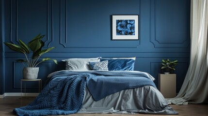 Explore The Stylish Modernity Of A Bedroom Adorned In Dark Colors, Featuring Navy Blue Walls And Cozy Interior Decor