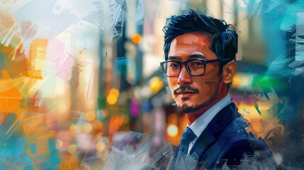 confident and charismatic asian businessman portrait vibrant digital painting - Powered by Adobe