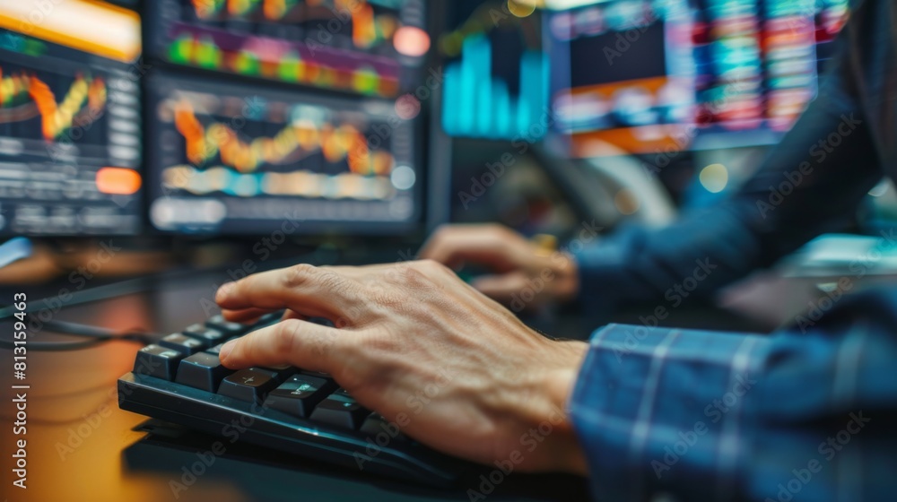 Poster A close-up shot of a stock market trader's hands typing on a keyboard, executing trades with speed and precision.