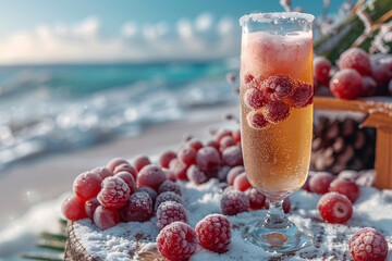 Fresh summer drinks cocktails with berries, fruits, ice and frost on glasses. Vacation open beach bar concept.
