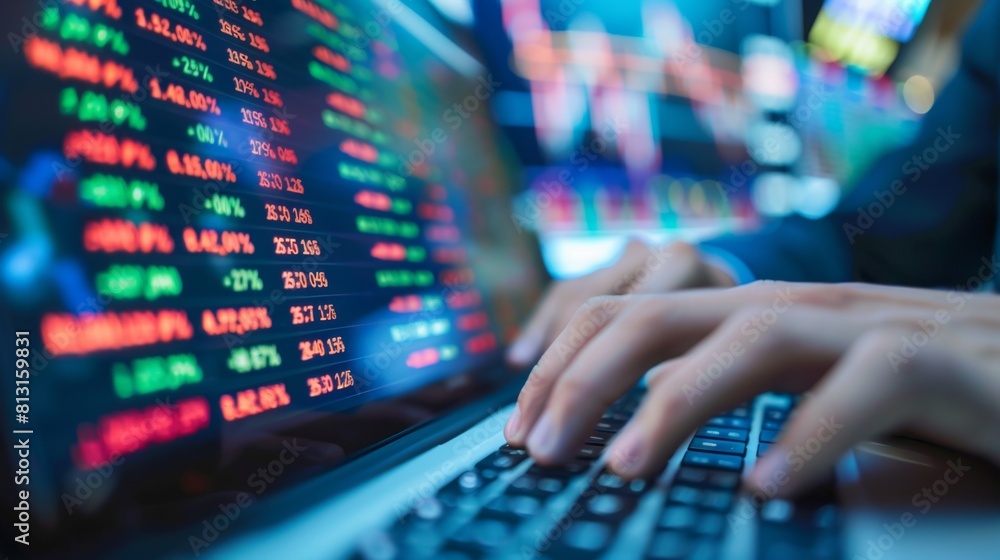 Poster A close-up shot of a stock market trader's hands typing on a keyboard, executing trades with speed and precision.