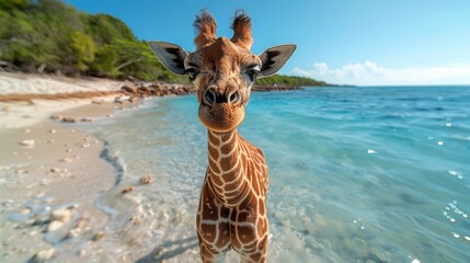 Obraz premium A giraffe with sunglasses resting on a tropical beach