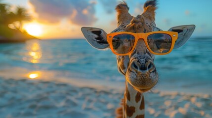 Obraz premium On a tropical beach background, a cool giraffe wears sunglasses