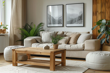 Serene Natural Living Room with Monochrome Mountain Prints and Earthy Tones
