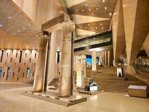 Giza, Egypt, April 13 2024: Details of The Grand Egyptian Museum, Giza Museum, Egypt's gift to the world, the largest archaeological museum in the world, about 2 kilometers from Giza pyramid complex