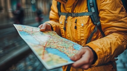 A man wearing a yellow jacket stands holding a map in his hands