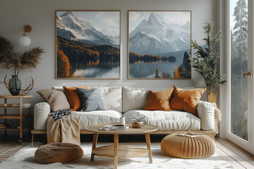 Cozy Autumn-Inspired Living Room with Scenic Mountain Wall Art