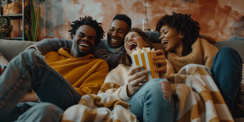 Friends huddled together on a couch with popcorn and blankets, laughing while watching their favorite film