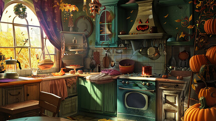 Green kitchen decorated for Halloween.