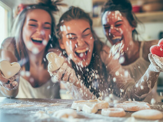 Friends in a kitchen, covered in flour and giggling as they decorate heart-shaped cookies - Powered by Adobe