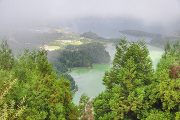 Picturesque view of the Lake of Sete Cidadesin fog, Sao Miguel island, Portugal