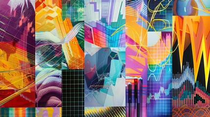 A collage of colorful stock market graphs and charts, representing the complexity and dynamism of financial markets.