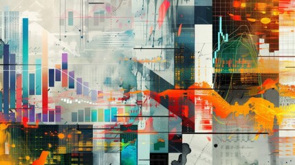 A collage of colorful stock market graphs and charts, representing the complexity and dynamism of financial markets.
