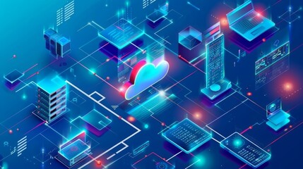 Cloud technology. Cloud computing. Devices connected to digital storage in data center via internet.