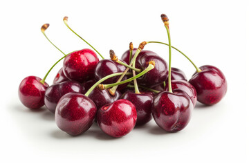 A cluster of fresh cherries isolated from any background, highlighting their deep red color and sweet-tart taste. Concept of summer fruit and cherry-picking season. Generative Ai.