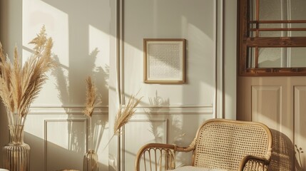 Feel The Warmth Of A Home Interior Mock-Up Background With Rattan Furniture And Empty Frames, Inviting Personalization And Creativity