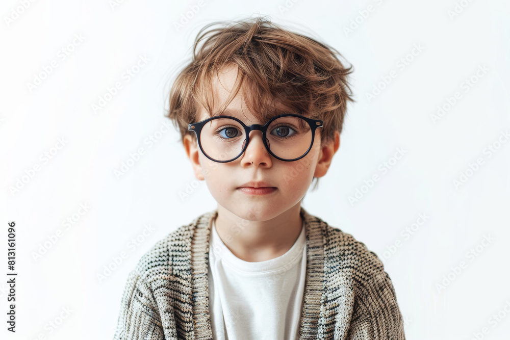 Poster a studious boy in glasses and a cardigan, extracted from the backdrop, isolated from the background,